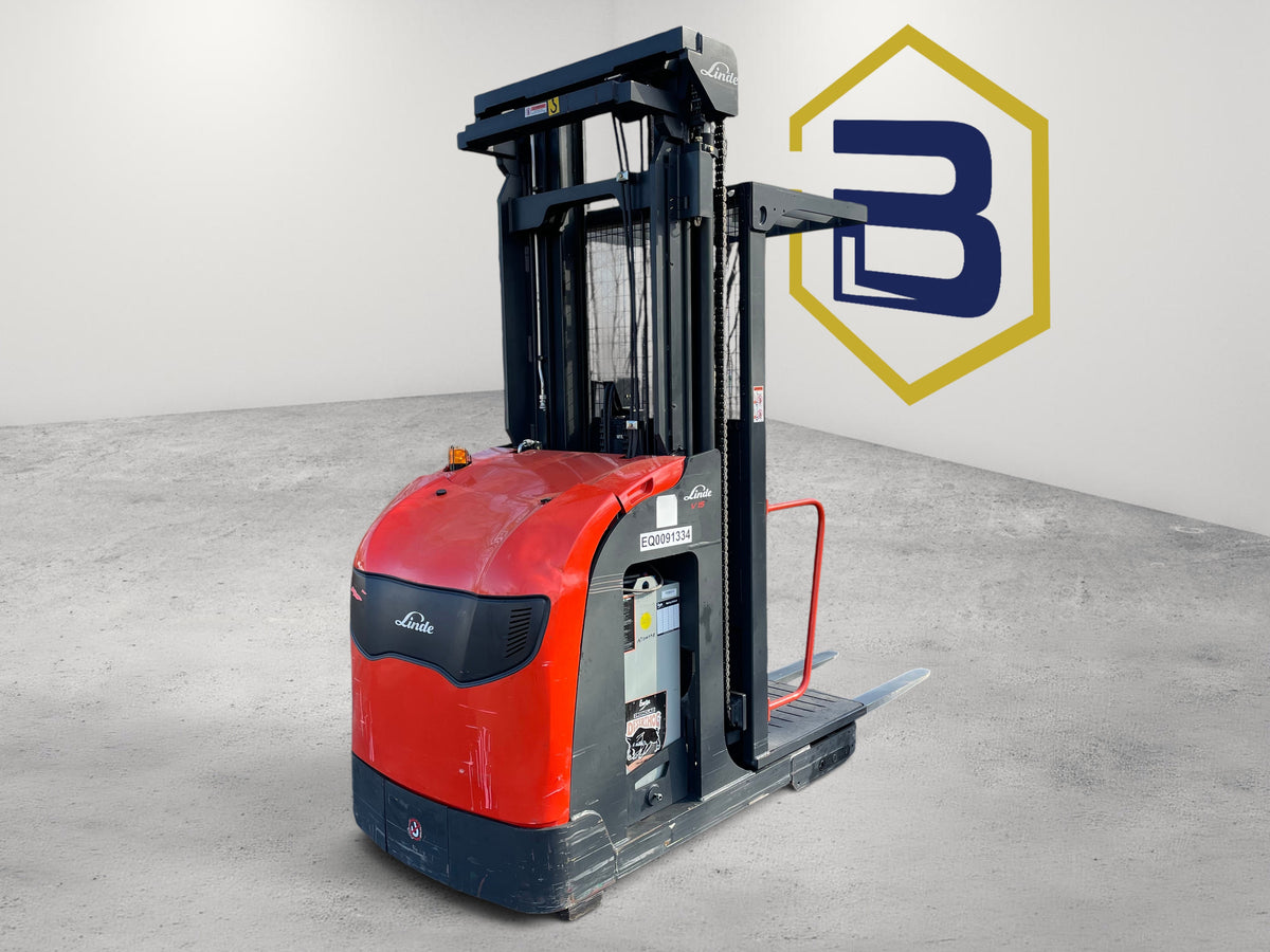 Burwell Material Handling 2021 Linde V15 electric order picker forklift with red chassis and high-reach mast