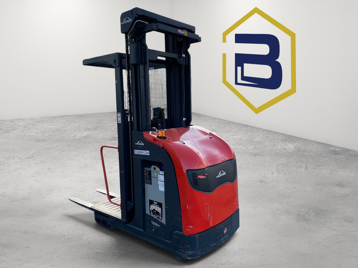 Burwell Material Handling 2021 Linde V15 electric man-up order picker forklift for narrow-aisle warehouse operations.