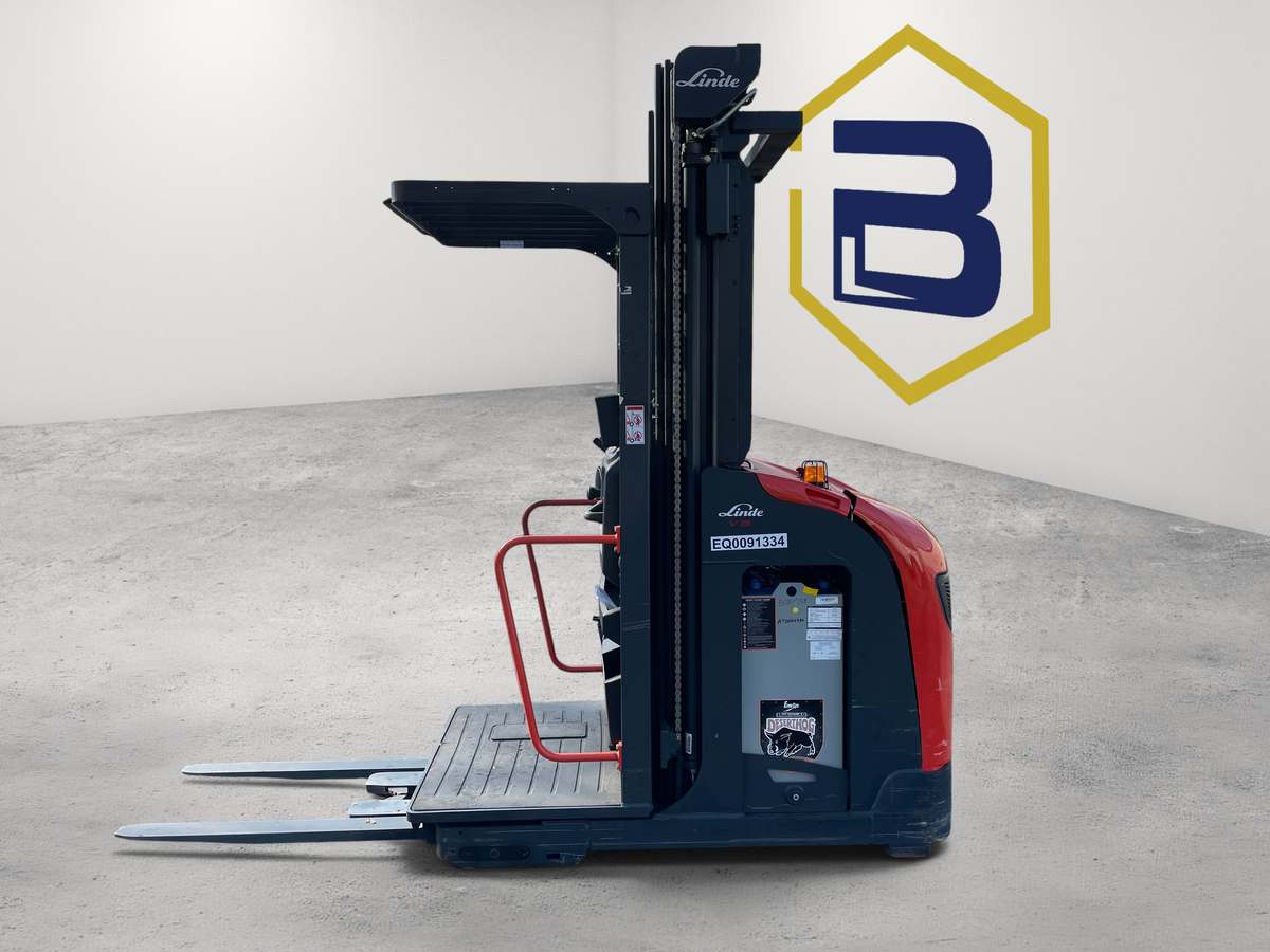 Burwell Material Handling 2021 Linde V15 electric man-up order picker forklift for narrow-aisle warehouse operations.