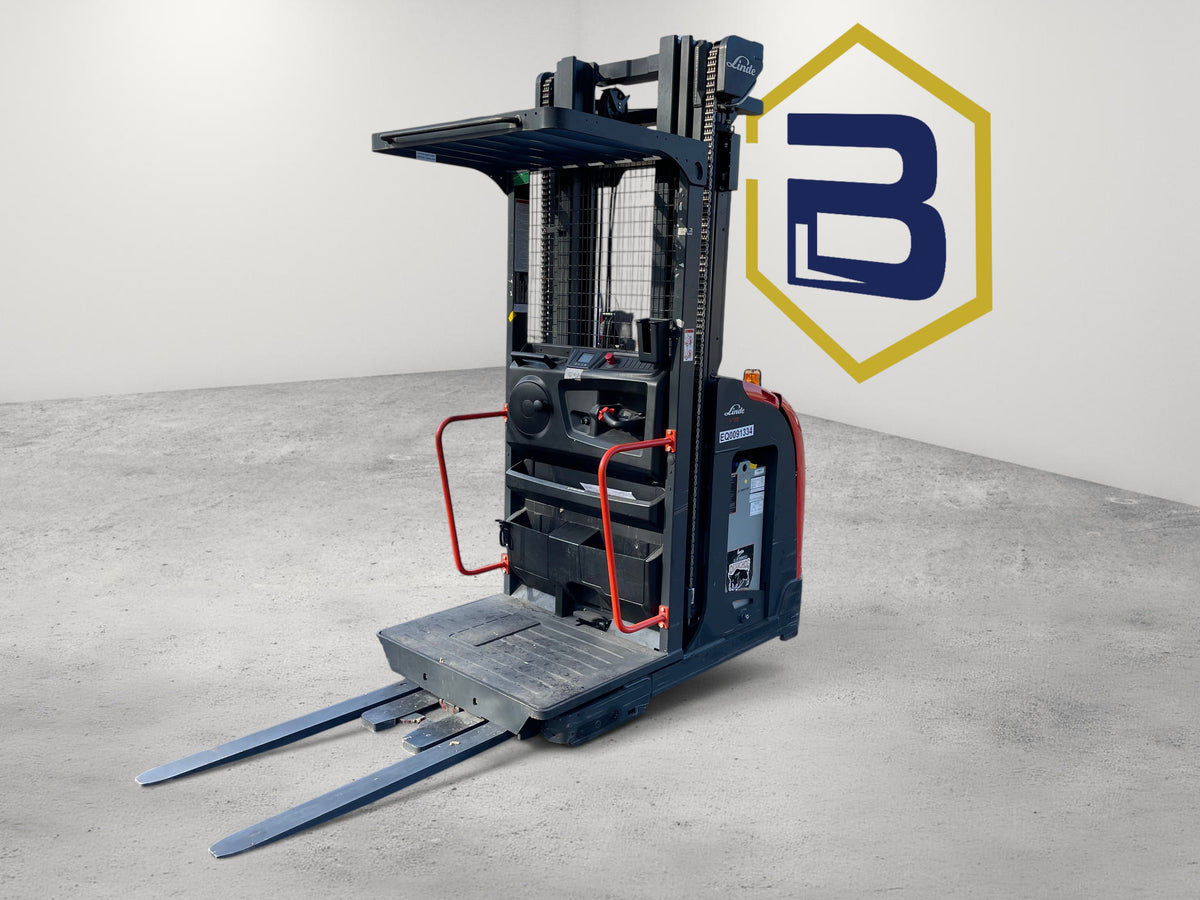 Burwell Material Handling 2021 Linde V15 electric man-up order picker forklift for narrow-aisle warehouse operations.