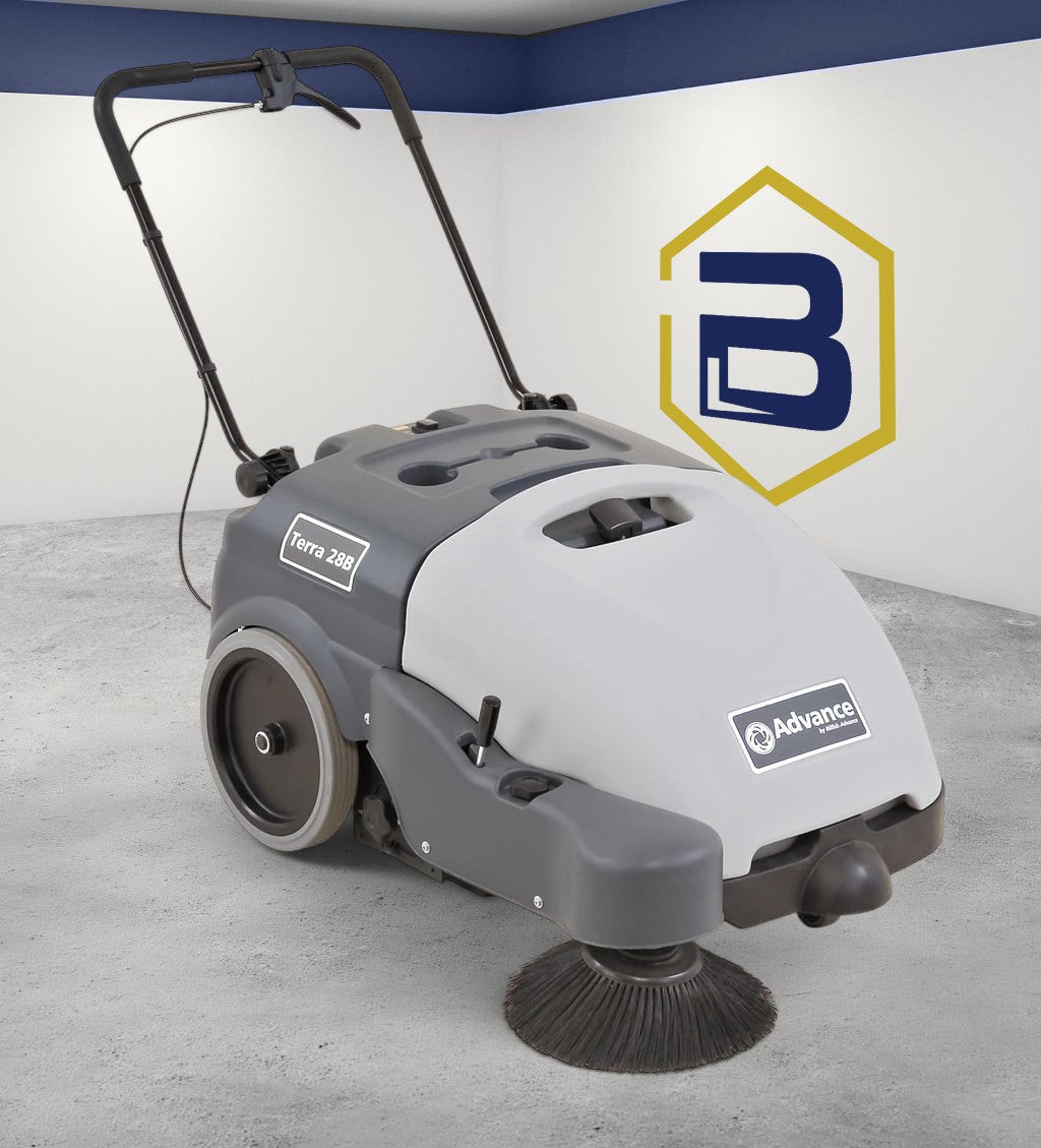 Burwell Material Handling Nilfisk Terra 28B walk-behind floor sweeper in grey and black for commercial cleaning