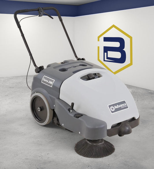 Burwell Material Handling Nilfisk Terra 28B walk-behind floor sweeper in grey and black for commercial cleaning