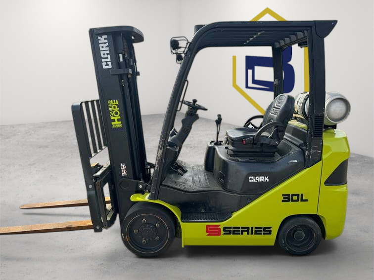 Burwell Material Handling 2023 Clark S30C forklift with 189-inch mast, sideshifter, and 42-inch forks in lime green.