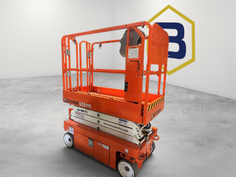 Burwell Material Handling 2022 Snorkel S3219E electric scissor lift in orange, designed for indoor maintenance work.