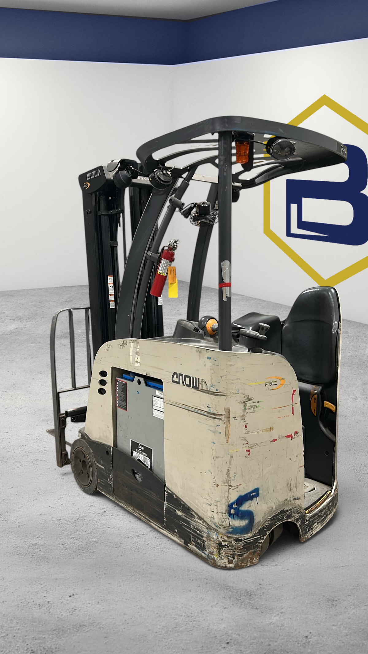 Burwell Material Handling used 2019 Crown RC5545-40 electric stand-up counterbalance forklift in a warehouse.