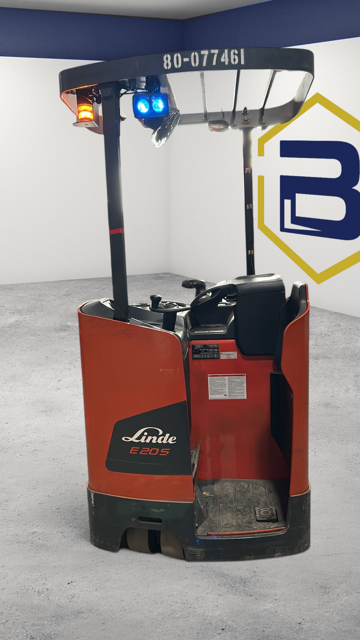Burwell Material Handling 2020 Linde E20S electric stand-up forklift in a warehouse with orange and black finish