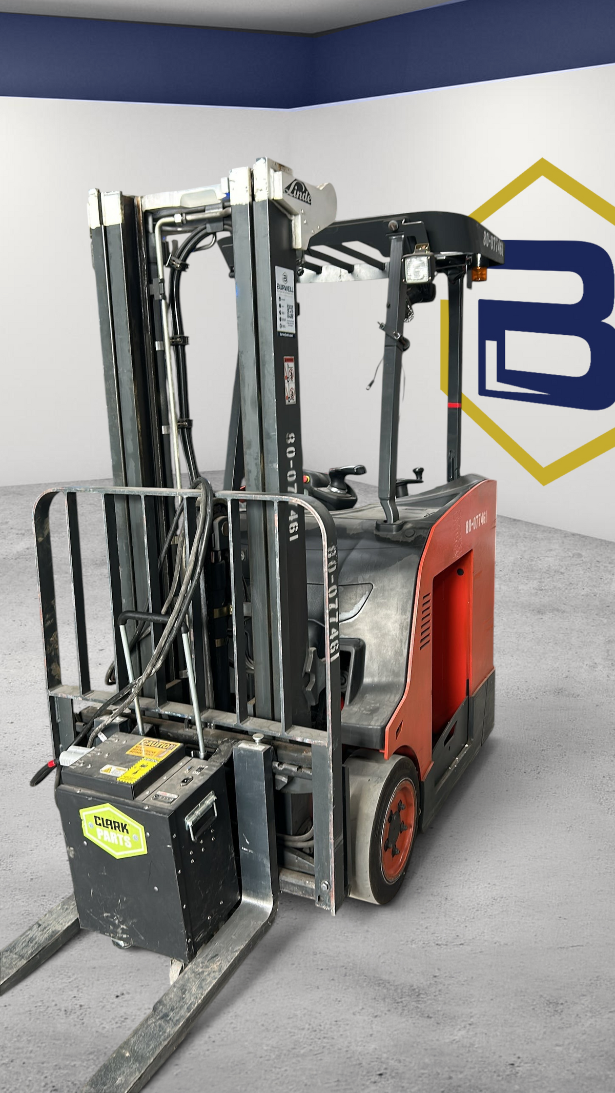 Burwell Material Handling 2020 Linde E20S electric stand-up forklift with 4,000 lb capacity in a warehouse setting.