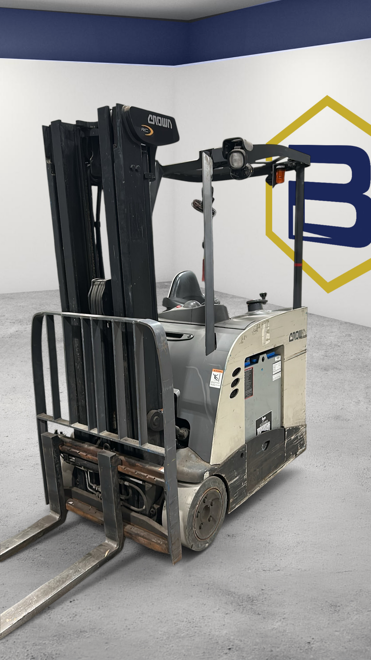 Burwell Material Handling used 2019 Crown RC5545-40 electric stand-up counterbalance forklift in a warehouse setting