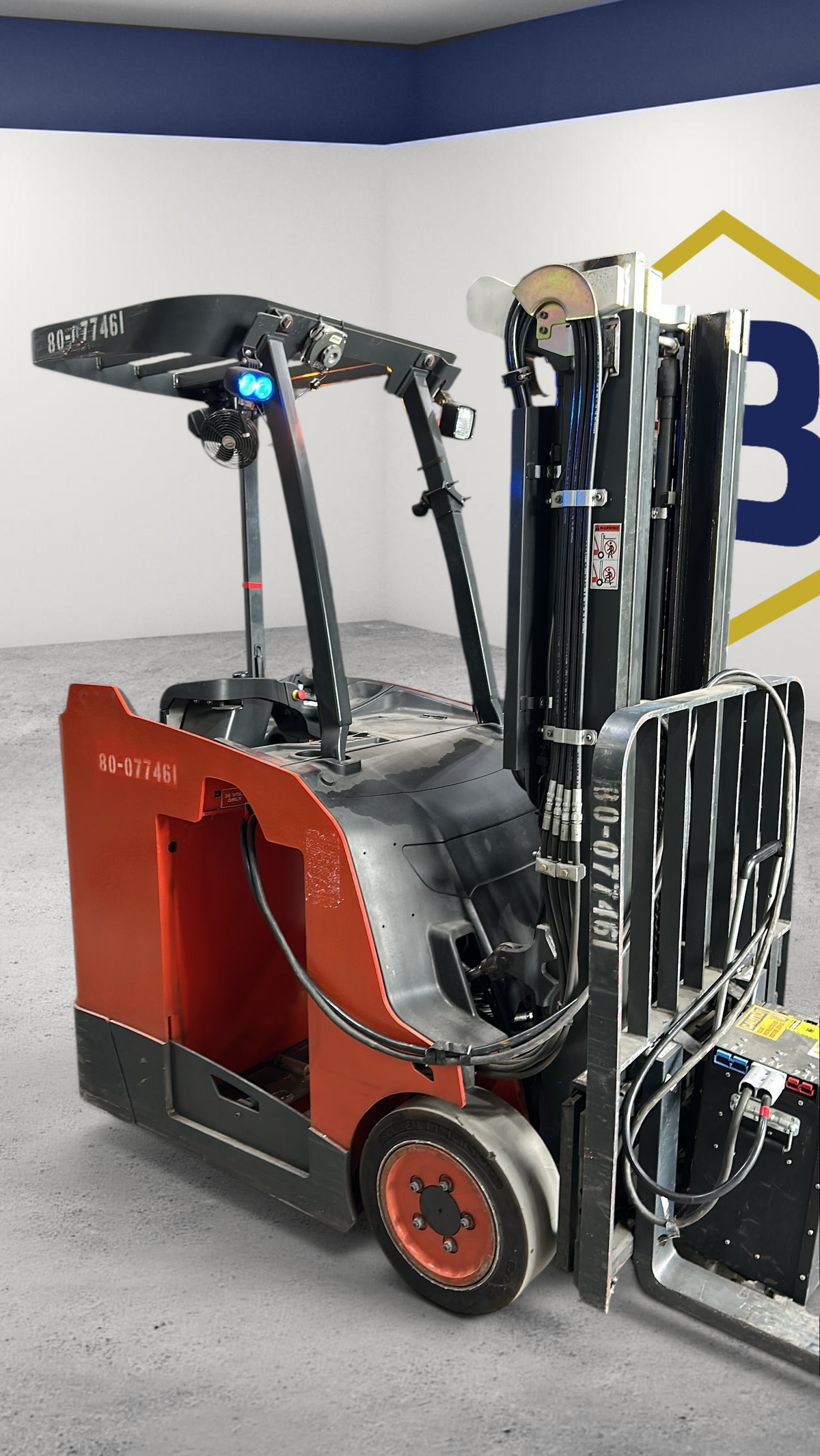 Burwell Material Handling used 2020 Linde E20S electric stand-up forklift in red and black for warehouse operations.