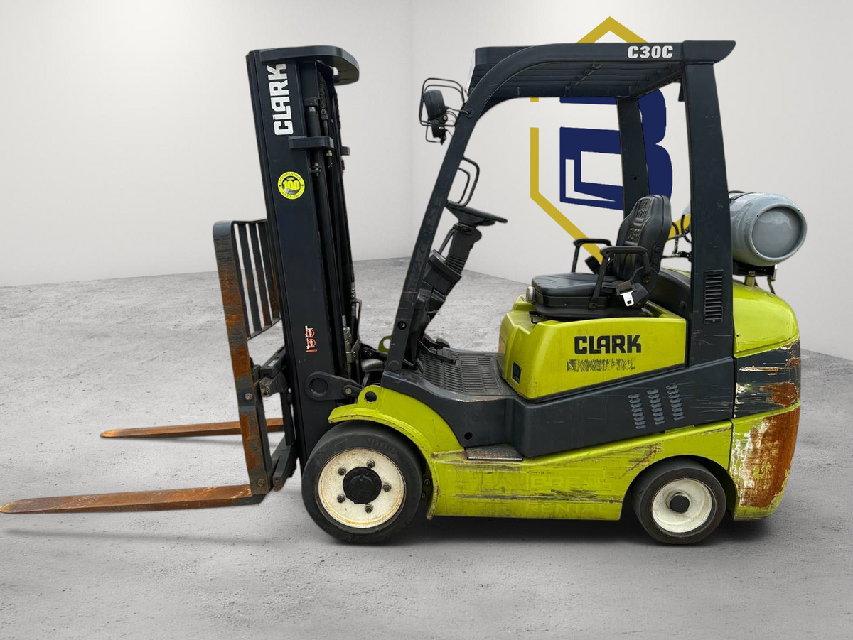 Burwell Material Handling 2018 CLARK C30C cushion-tire forklift in lime green and black, side profile view.
