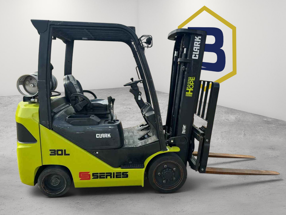 Burwell Material Handling 2023 Clark S30C forklift with 189-inch mast, sideshifter, and 42-inch forks in lime green.